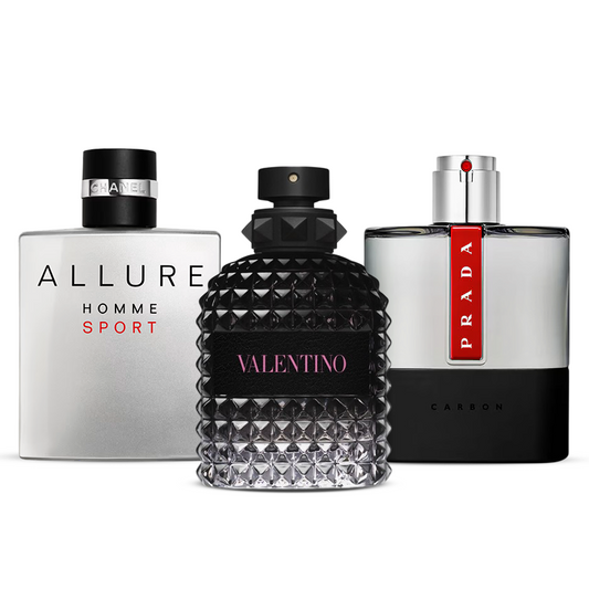 3 Perfume Set: Chanel Allure Homme Sport, Valentino Uomo Born in Roma Intense & Prada Luna Rossa Carbon