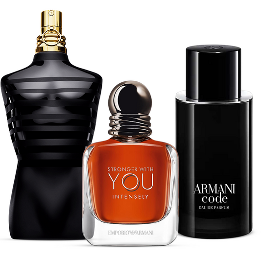 3 Perfume Set: Jean Paul Gaultier Le Male Le Parfum, Emporio Armani Stronger With You Intensely & Armani Code